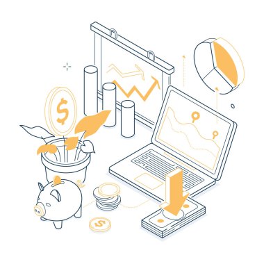 Etkili çalışma kavramı - izometrik siyah ve sarı çizgi çizimi