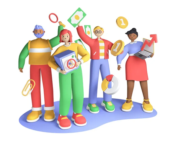 Team earnings - colorful 3D style illustration with cartoon characters — Stock Photo, Image