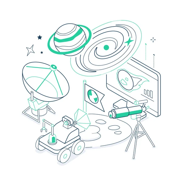 Uncharted planets- isometric black and green line illustration — Stock Vector