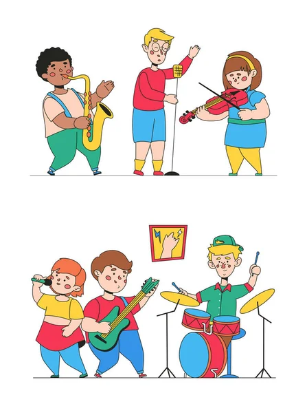 Niños interpretando música - coloridas ilustraciones de diseño plano — Vector de stock