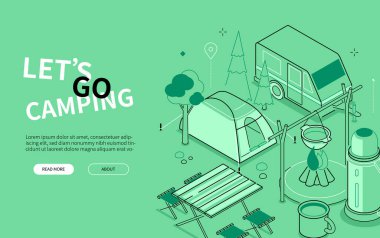 Kamp yapmaya gidelim - hat tasarım stili izometrik web pankartı