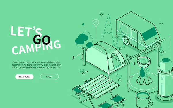 Vamos a acampar - diseño de línea de estilo de banner web isométrica — Vector de stock