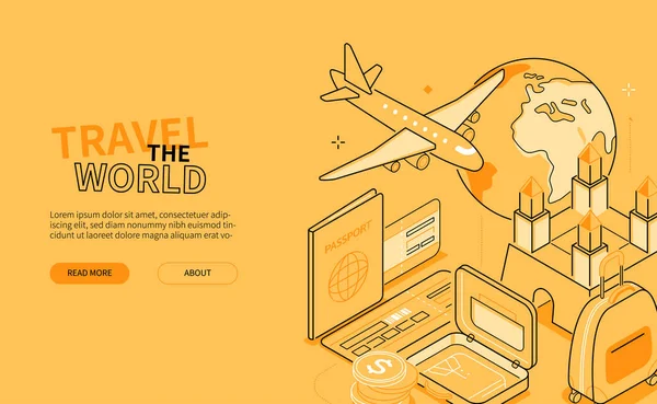 Viaje por el mundo - línea de diseño de estilo de banner web isométrica — Vector de stock