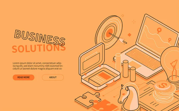 ビジネスソリューション-ラインデザインスタイルのアイソメトリックウェブバナー — ストックベクタ