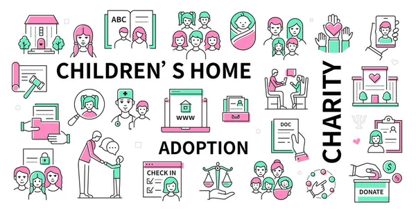 Adopción y caridad - conjunto de iconos de diseño de línea — Vector de stock