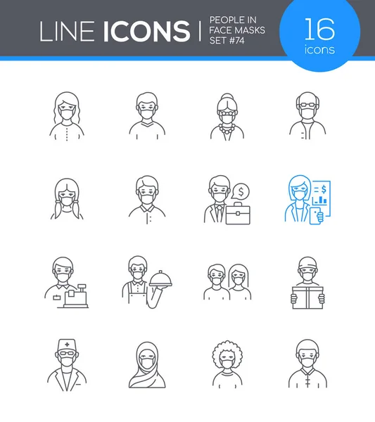 Gente con máscaras faciales - conjunto de iconos de diseño de línea moderna — Vector de stock