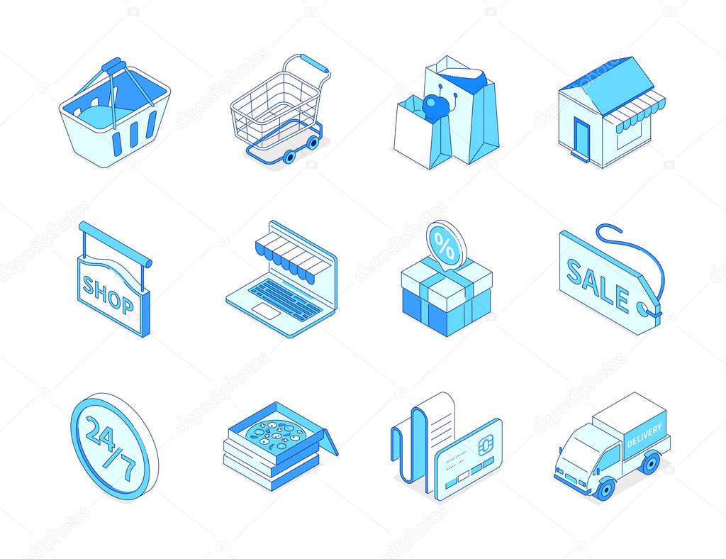 Online shopping and delivery - modern isometric icons set