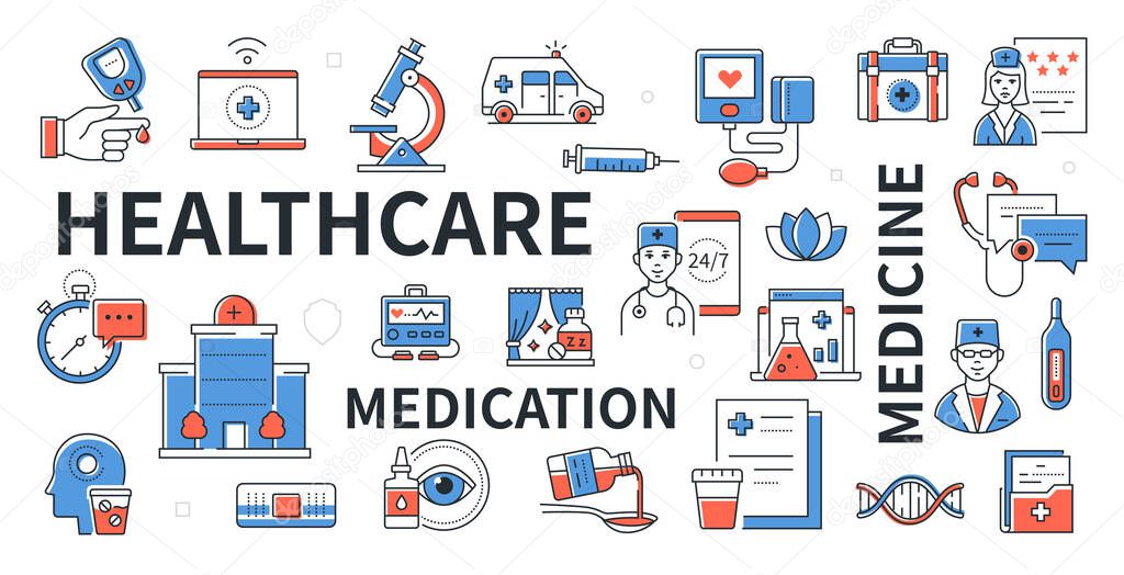 Healthcare and medicine - line design icon set