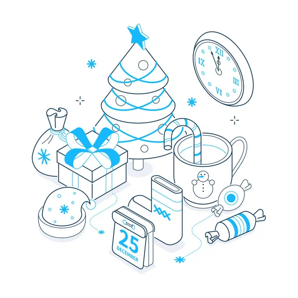 Feliz Natal - ilustração em linha isométrica preta e azul —  Vetores de Stock