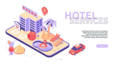 Otel hizmetleri - modern renkli izometrik web pankartı