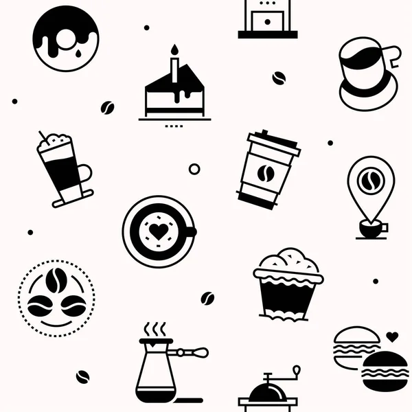 Καφές και γλυκά - μοτίβο με εικονίδια στυλ γραμμή σχεδιασμό — Διανυσματικό Αρχείο