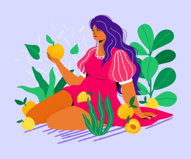 Şeftalili kız - renkli düz tasarım çizimi