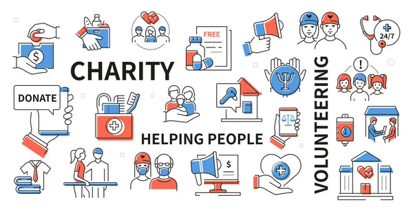 Charity e volontariato - set di icone per il design della linea — Vettoriale Stock