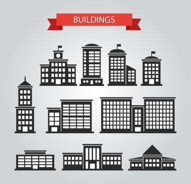 Set of flat design buildings pictograms clipart