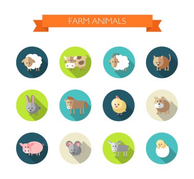 çiftlik hayvanları ile düz tasarım simgeler kümesi