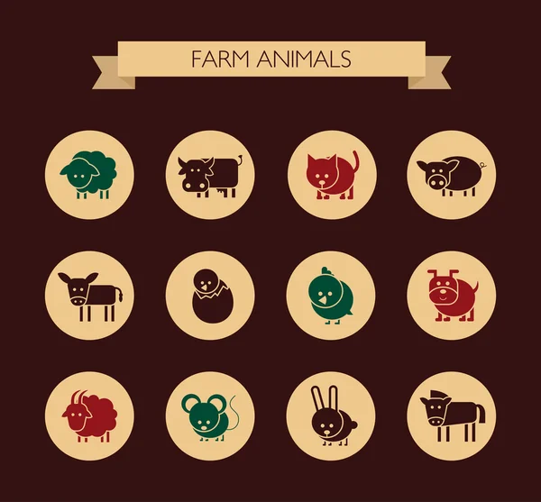 一组平面设计图标与农场里的动物 — 图库矢量图片