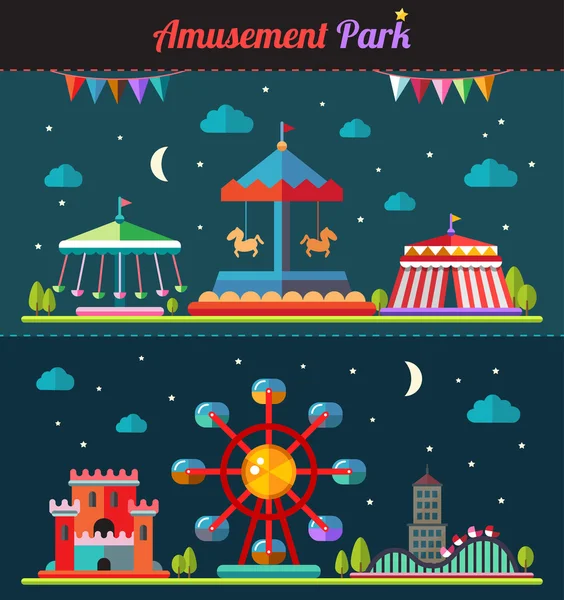 Eğlence Parkı elemanları ile düz tasarım kompozisyon kümesi