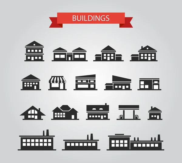 Conjunto de pictogramas de edificios de diseño plano — Vector de stock