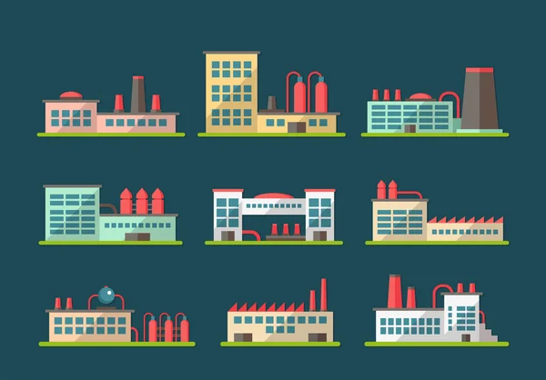 Conjunto de pictogramas de edifícios industriais de design plano — Vetor de Stock