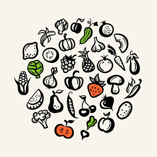 Conjunto de iconos de frutas y verduras de diseño plano — Vector de stock