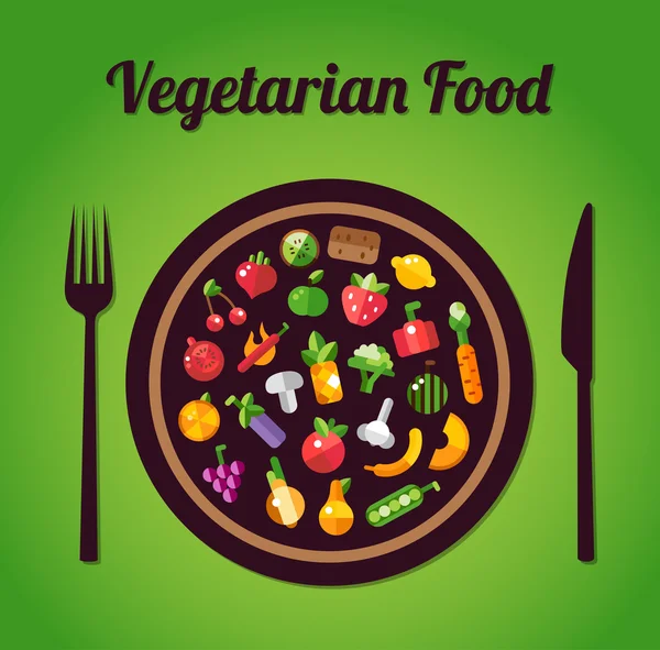 Illustration av platt design frukter och grönsaker ikoner composit — Stock vektor