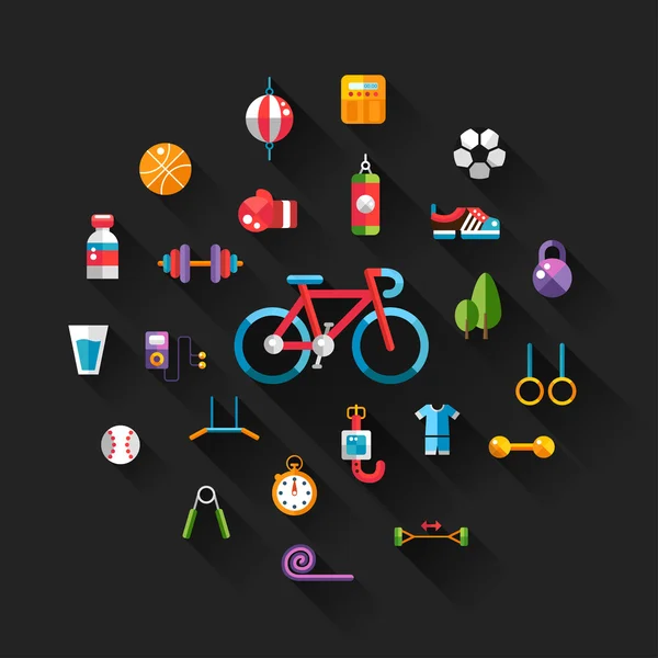 Set van platte ontwerp sport, fitness en gezonde levensstijl pictogrammen — Stockvector