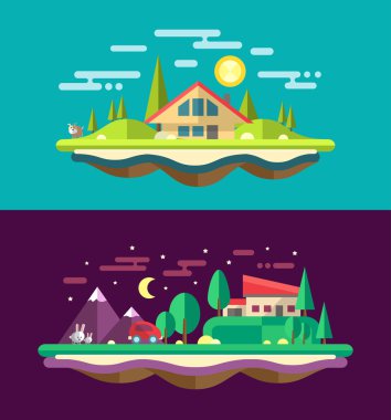 Modern düz tasarım kavramsal peyzaj illüstrasyonlar ile kurmak