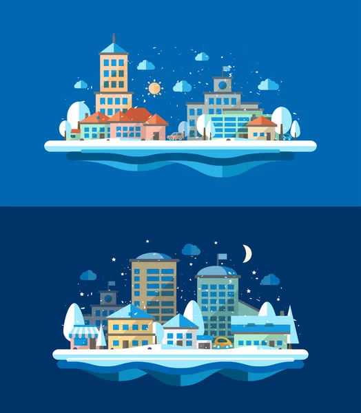 Ilustração de composições de paisagem de inverno urbano de design plano —  Vetores de Stock