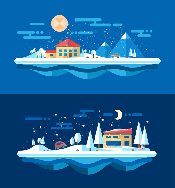 Illustration of flat design urban winter landscape compositions