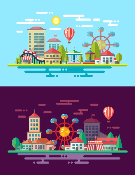 Modern flat design conceptual city illustration with carousels — Stock Vector