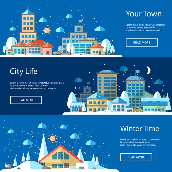 Ilustracje płaskie miejski zimą krajobraz kompozycje — Wektor stockowy