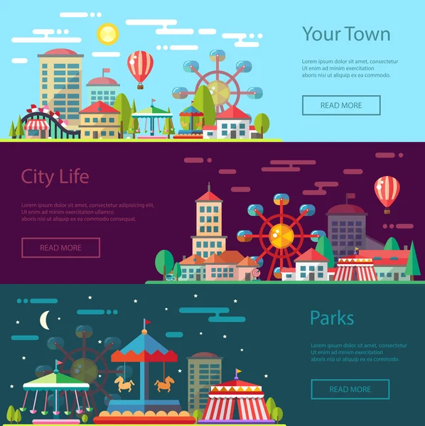 Design plat moderne illustration de ville conceptuelle avec des carrousels — Image vectorielle