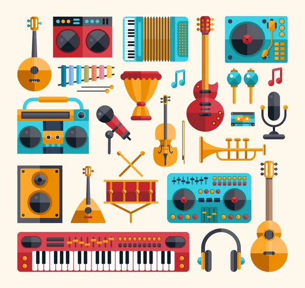 Conjunto de instrumentos musicales modernos de diseño plano y herramientas musicales ic — Vector de stock