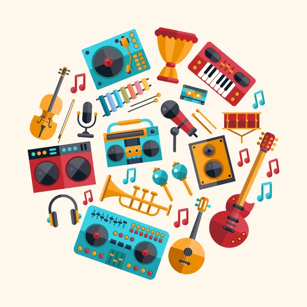 Conjunto de instrumentos musicales modernos de diseño plano y herramientas musicales ic — Vector de stock