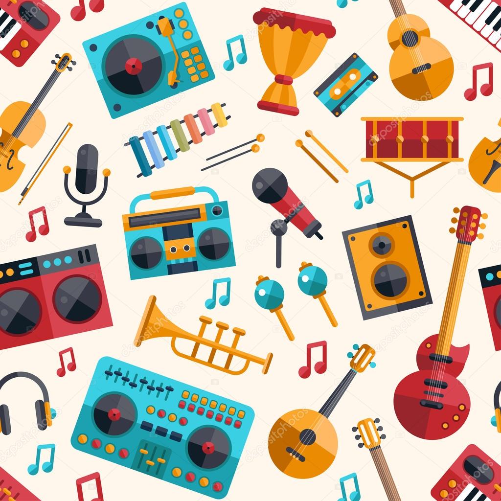 Illustration of modern flat design musical instruments and music
