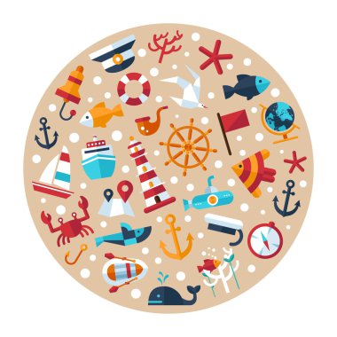 Vintage düz illüstrasyon tasarımı modern deniz, deniz comp