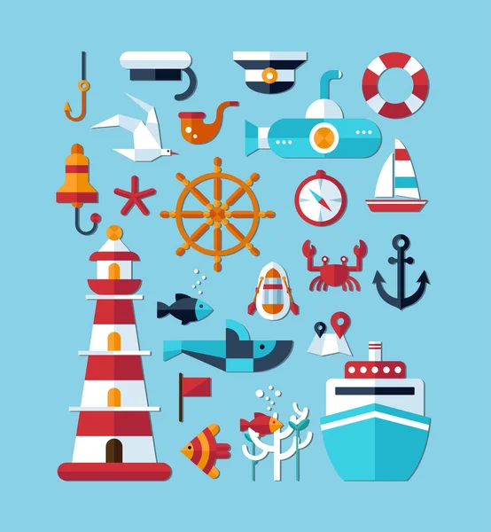 Set of vintage flat design modern nautical, marine icons — Stock Vector