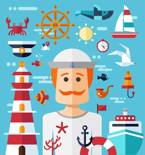 Illustration of vintage flat design modern nautical, marine comp — Stock Vector