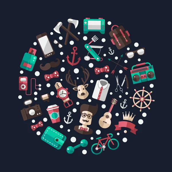 Ilustración circular de iconos hipster de diseño plano moderno — Archivo Imágenes Vectoriales