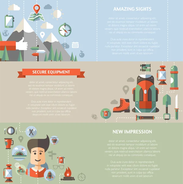 Modernas ilustrações de design plano de camping e caminhadas informações elementos gráficos — Vetor de Stock