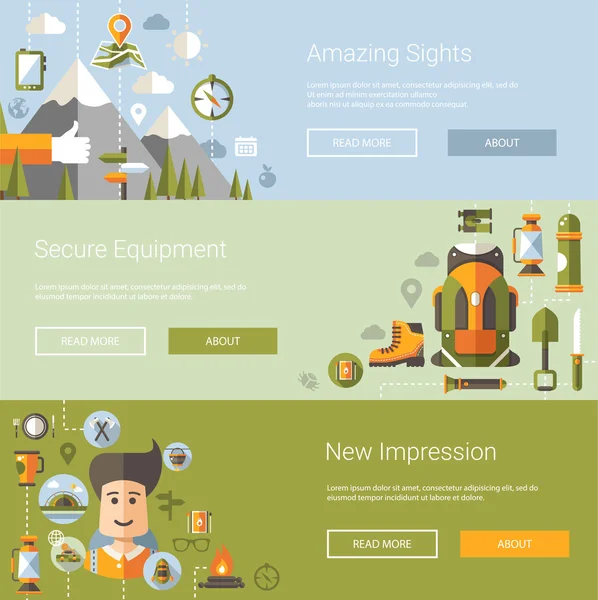 Modernas ilustrações de design plano de camping e caminhadas informações elementos gráficos —  Vetores de Stock