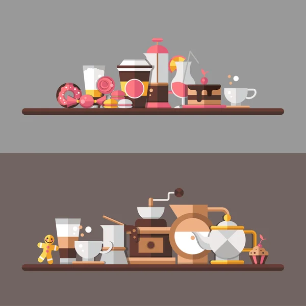 Set of modern flat design coffee-shop, cafe and bakery elements — Stock Vector