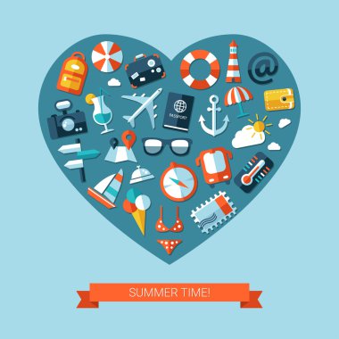 Seyahat düz tasarım Kartpostalı simgelerle gösteren resim