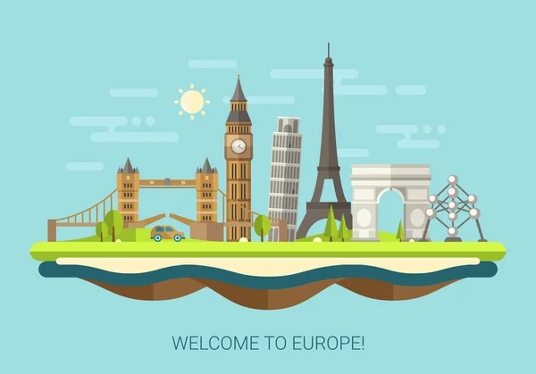 유명한 유럽 세계 랜드마크 아이콘으로 평평한 디자인 구성의 그림 — 스톡 벡터