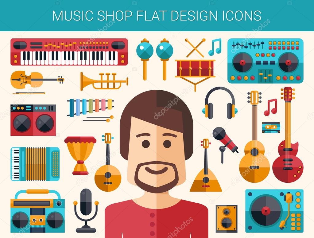 Conjunto de instrumentos musicales de diseño plano moderno e iconos de