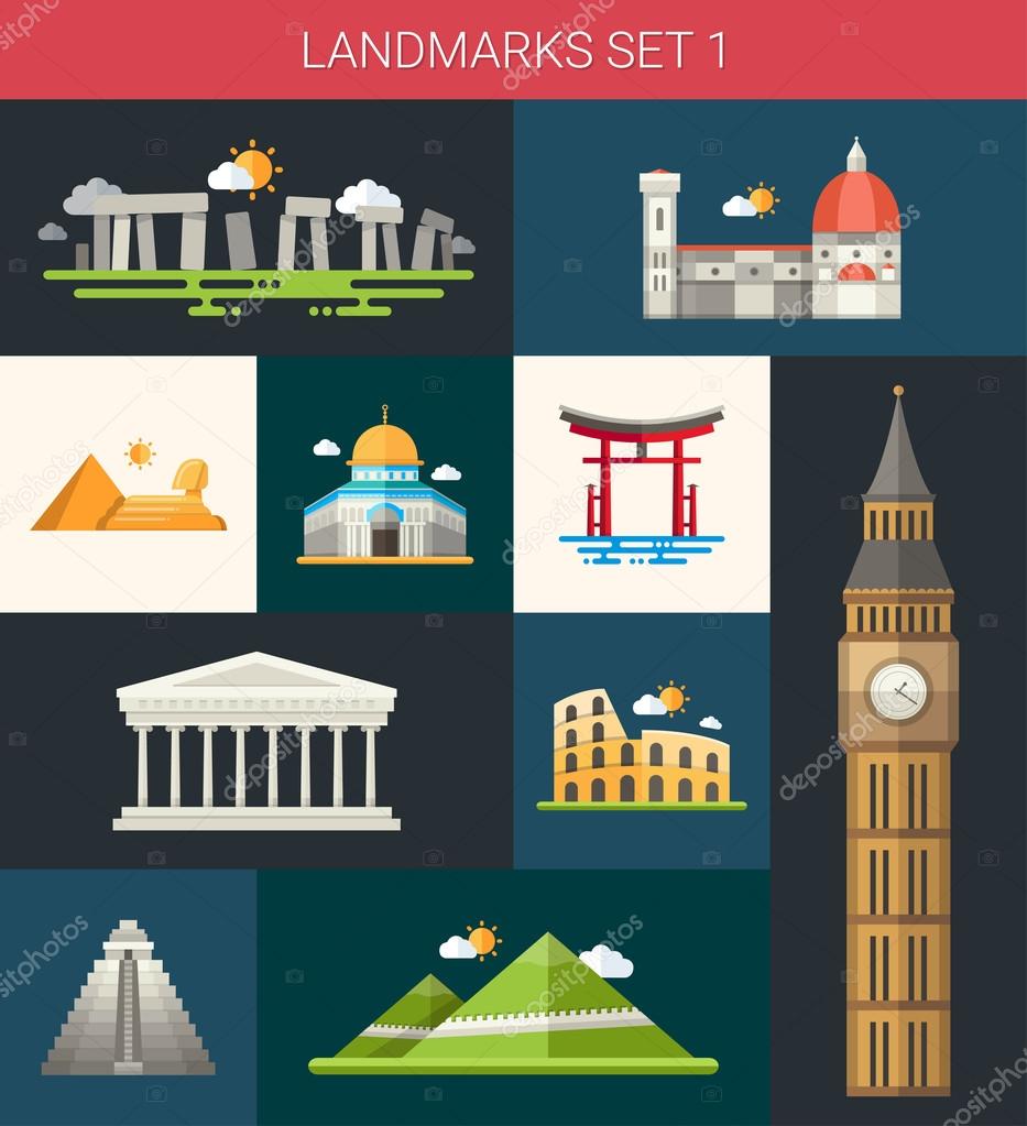 Set of flat design famous world landmarks icons