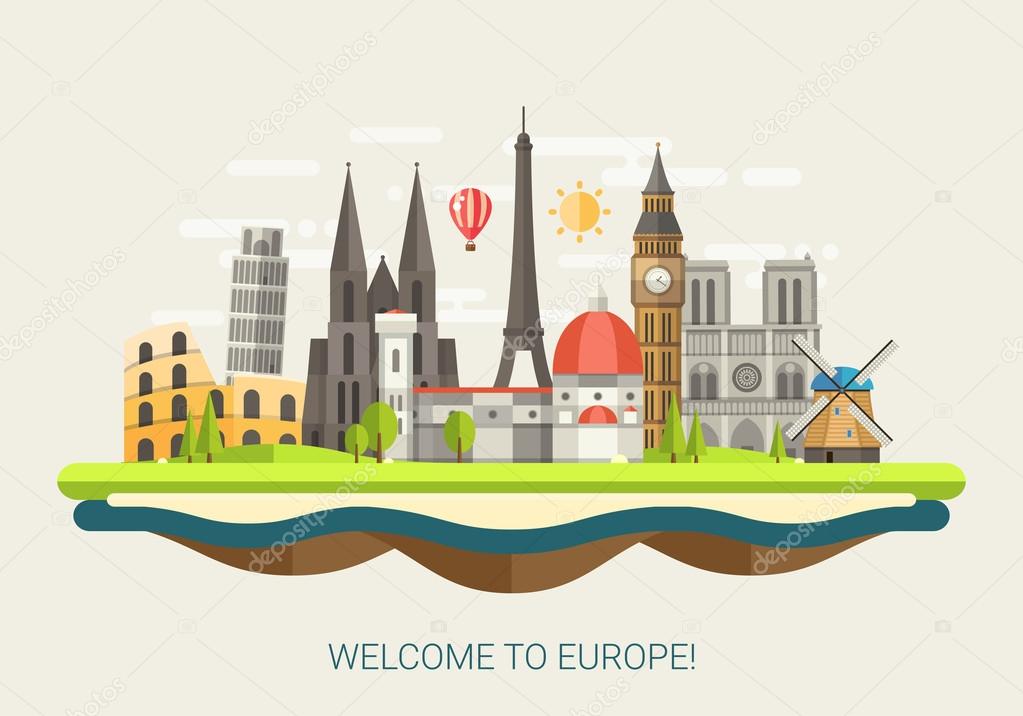 Illustration of flat design composition with famous european world landmarks icons