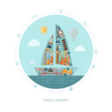 Seyahat düz tasarım Kartpostalı simgelerle gösteren resim