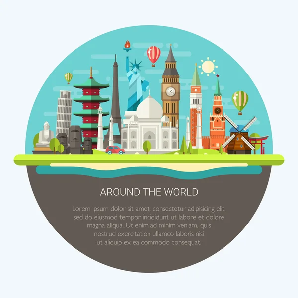 유명한 세계 랜드마크와 평평한 디자인 엽서의 그림 — 스톡 벡터