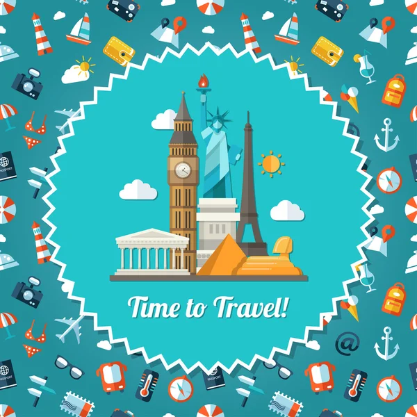 Illustration d'une carte postale de voyage avec icônes — Image vectorielle